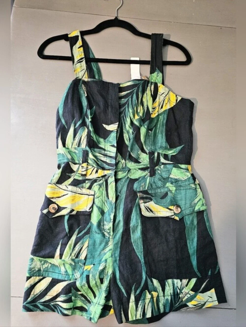 VICI Olivaceous Costa Tropical Print Romper NWT Small Black Green Leaf Print - Picture 4 of 9